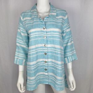 New Habitat XS Linen Blue White Stripe 3/4 Sleeve Button Up Blouse Shirt Top